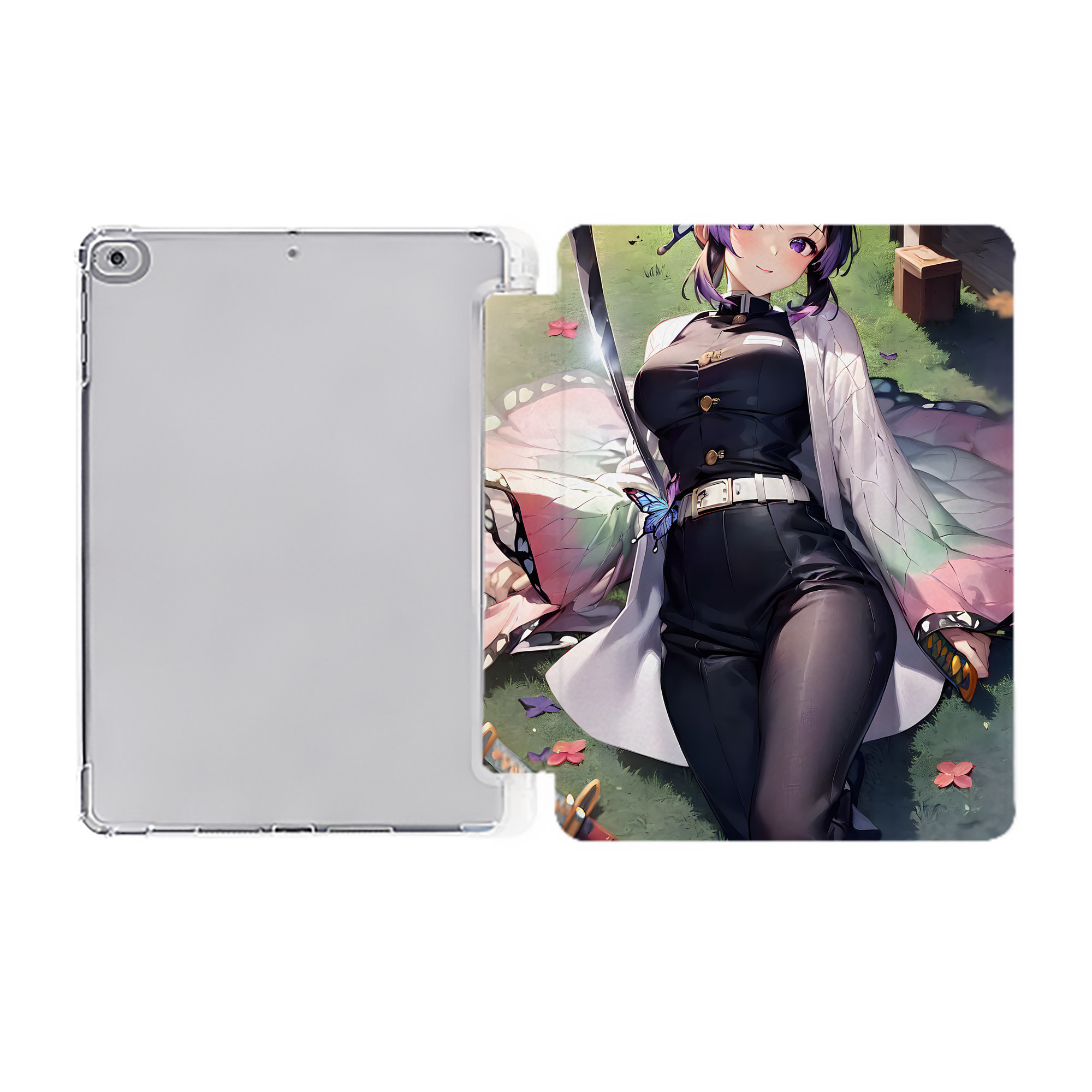 （画像用） 鬼滅の刃（きめつのやいば）蟲柱-胡蝶 しのぶ／こちょう しのぶ Kochou Shinobu IPad ケース ペン収納付き 三つ折りスタンド PUレザー×シリコン 対応機種9.5/10.5/10.9インチ